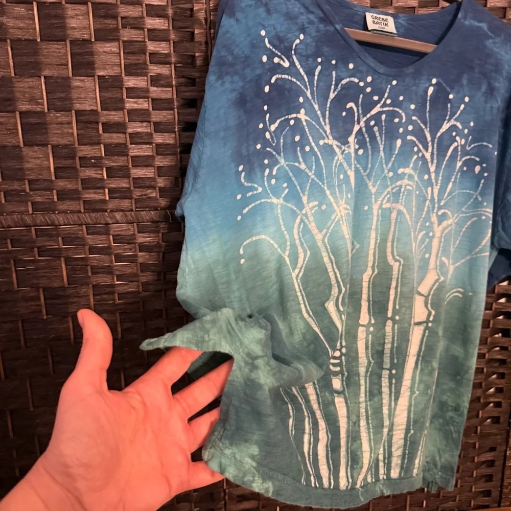 🌿 Grebe Batik Bamboo Tree Tie Dye Top XL Blue Green Artsy Cotton Handmade - Picture 4 of 9